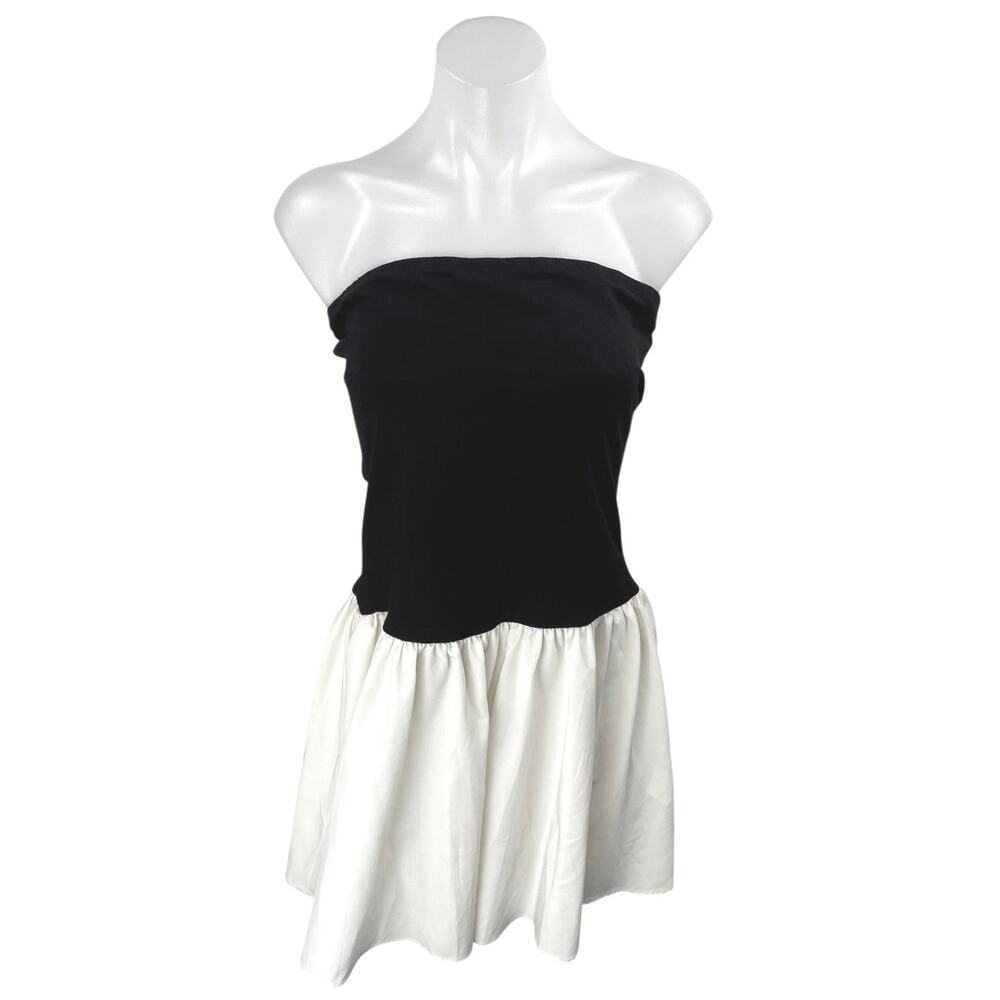 NEW Commense Black White Bandeau Tube Sleeveless Pleated A Line Mini Dress L
